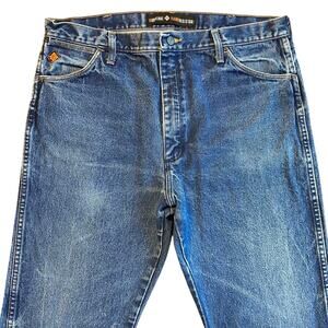 Y2K Wrangler Fire Flame Resistant blue denim jeans w/ leather tab